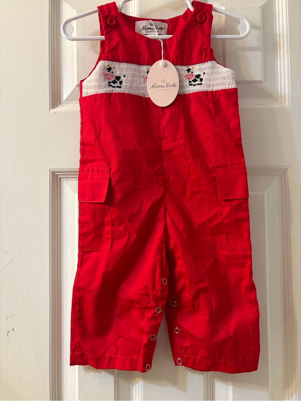 Marie Nicole Pristine Smocked/Embroidered Overalls with Cow Print 6-12 Months
